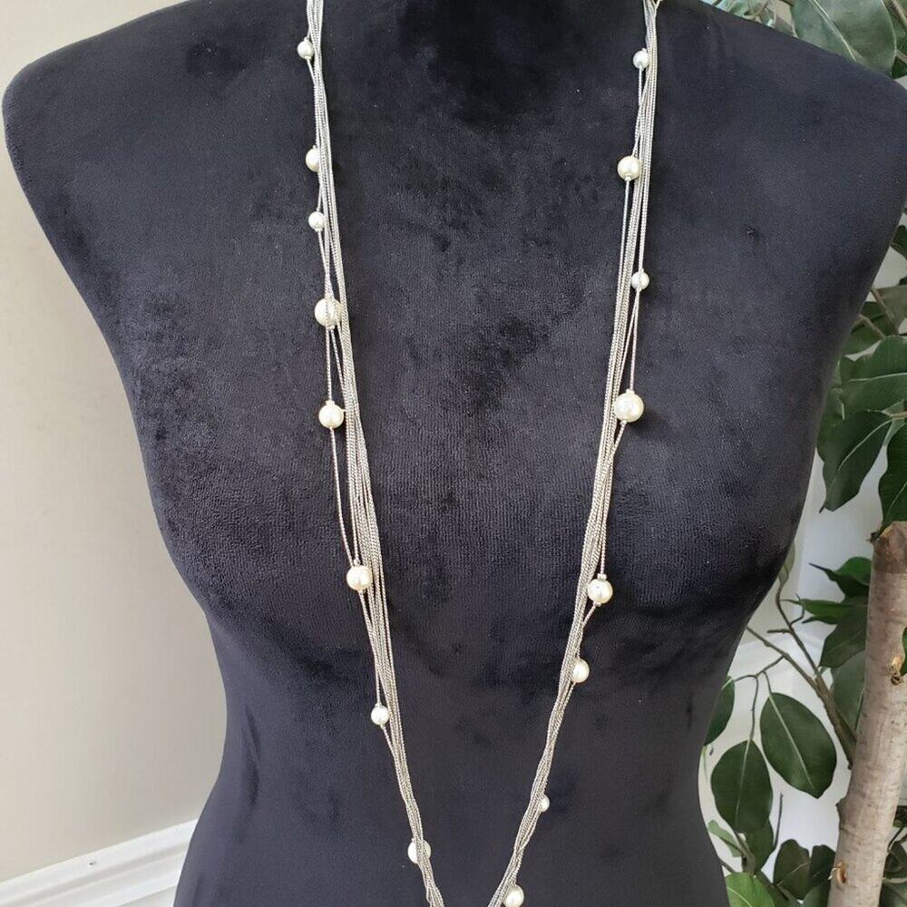 Womens Silver Tone Multi Layered Chains Dainty Faux Pearl Necklace with Lobster - Picture 2 of 7